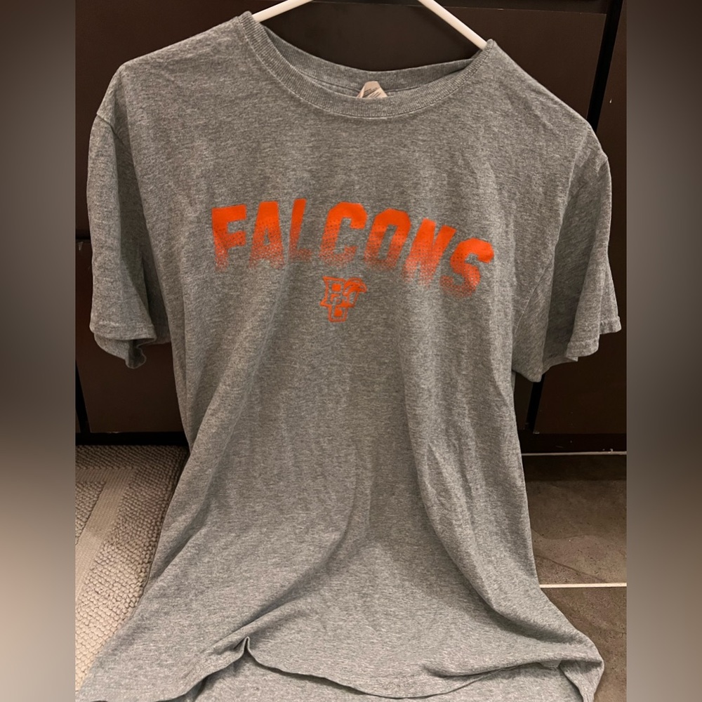 Gray with orange t-shirt from BGSU with falcons decal in orange